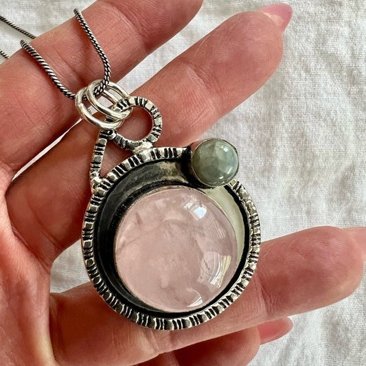 925 Beautiful Rose Quartz + Moonstone Necklace Pendant