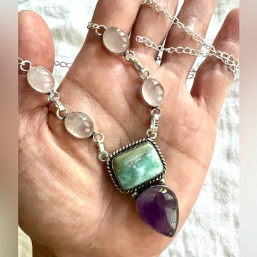 925 Trifecta! Larimar, Amethyst + Rose Quartz Necklace PURE BEAUTY!