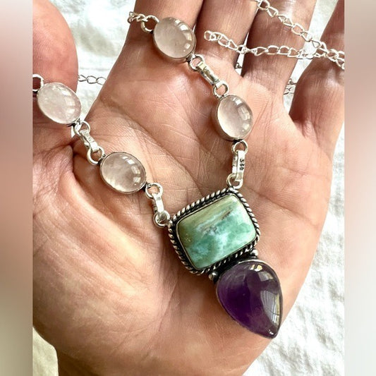 925 Trifecta! Larimar, Amethyst + Rose Quartz Necklace PURE BEAUTY!