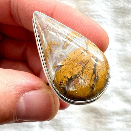 925 Prosperity Yellow Moss Agate Teardrop Ring 7.25