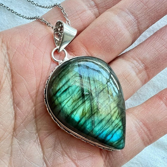 925 Aqua Flash Labradorite Teardrop Pendant Necklace