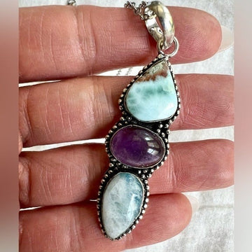 925 Blue Flash Moonstone + Amethyst + Larimar Necklace Pendant