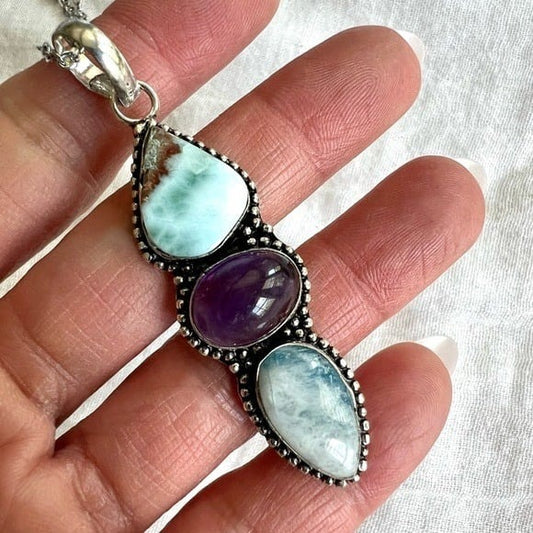925 Blue Flash Moonstone + Amethyst + Larimar Necklace Pendant