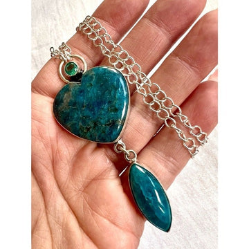 925 Blue Apatite Heart Chandelier Long Pendant Necklace