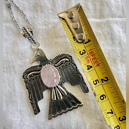 925 Phoenix Thunderbird ROSE QUARTZ Bird Native Pendant Necklace