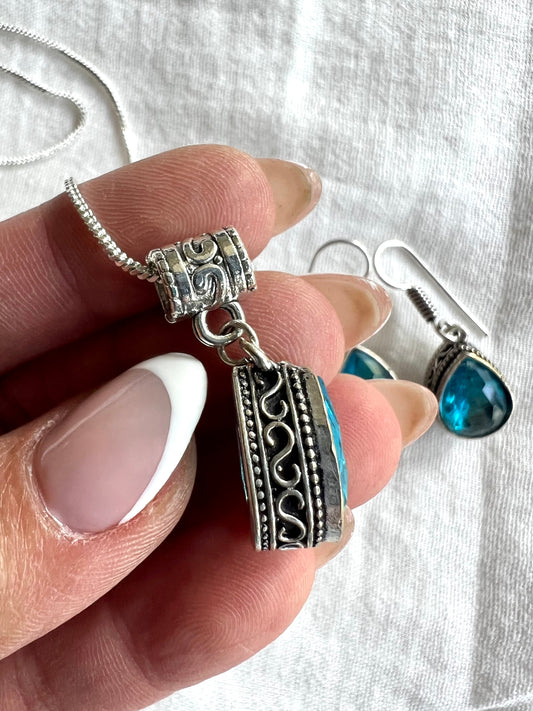 925 Sexy Swiss Blue Topaz Necklace + Earrings Set