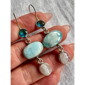 925 STUNNING Larimar + Flash Moonstone + Blue Topaz Long Earrings