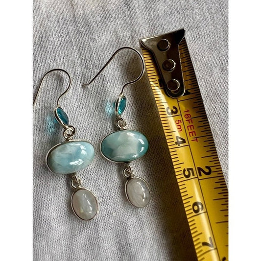 925 STUNNING Larimar + Flash Moonstone + Blue Topaz Long Earrings