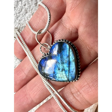 925 Blue Tempest Heart ❤️ Flash Labradorite Pendant Necklace