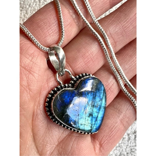 925 Blue Tempest Heart ❤️ Flash Labradorite Pendant Necklace
