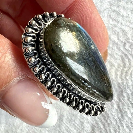 925 Rainbow Flash Labradorite Teardrop Ring 8.75