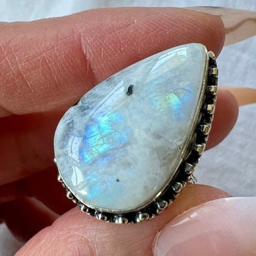 925 Rainbow FLASH Moonstone w/ Black Tourmaline! Ring 8