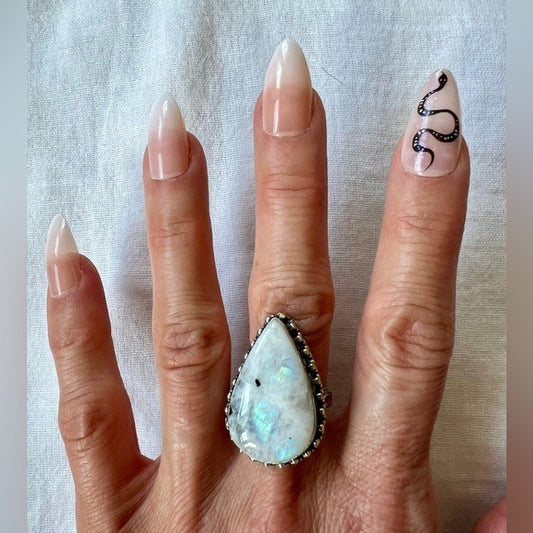 925 Rainbow FLASH Moonstone w/ Black Tourmaline! Ring 8