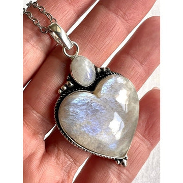 925 WHOA! AMAZING! Peach Moonstone w/ Blue Flash! Heart ❤️ Pendant Necklace
