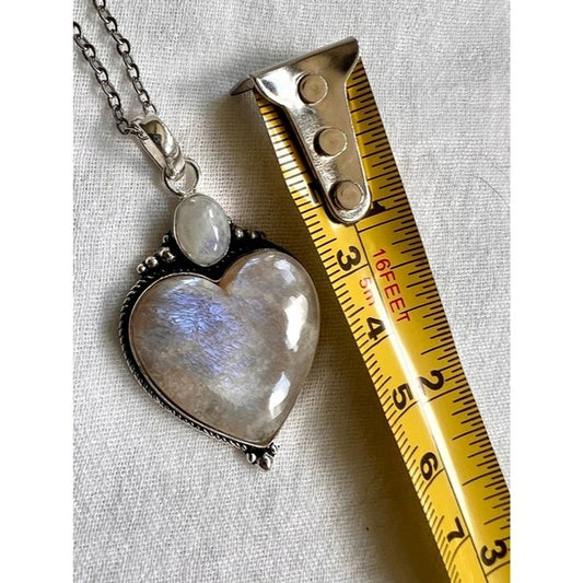 925 WHOA! AMAZING! Peach Moonstone w/ Blue Flash! Heart ❤️ Pendant Necklace