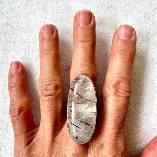 925 Yin Yang Black Tourmaline Tourmalated Quartz Ring 9