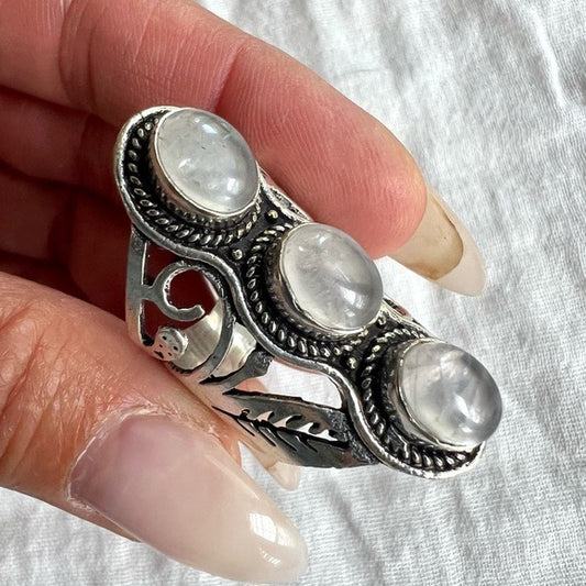 925 Ornate Triple Rose Quartz Shield Ring 7