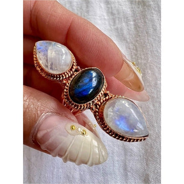 Copper! OOAK Rainbow Flash Moonstone + Blue Flash Labradorite Trinity Ring 6