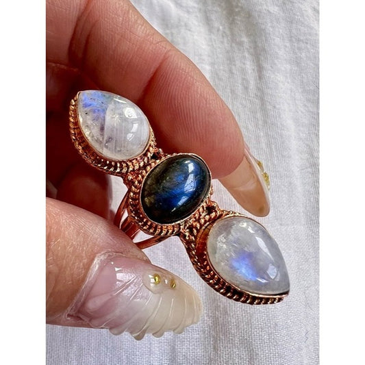Copper! OOAK Rainbow Flash Moonstone + Blue Flash Labradorite Trinity Ring 6