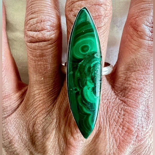 925 OMG! Goegeous! Long Marquis Malachite Swirl Ring! 11 1/4