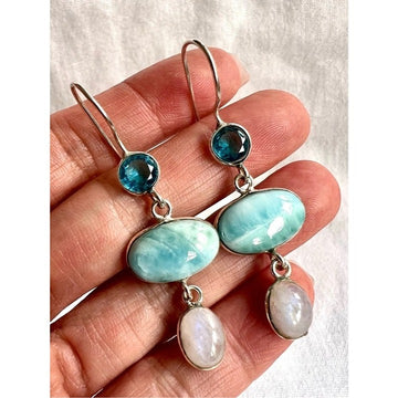 925 Caribbean Larimar + Flash Moonstone + Swiss Topaz Earrings