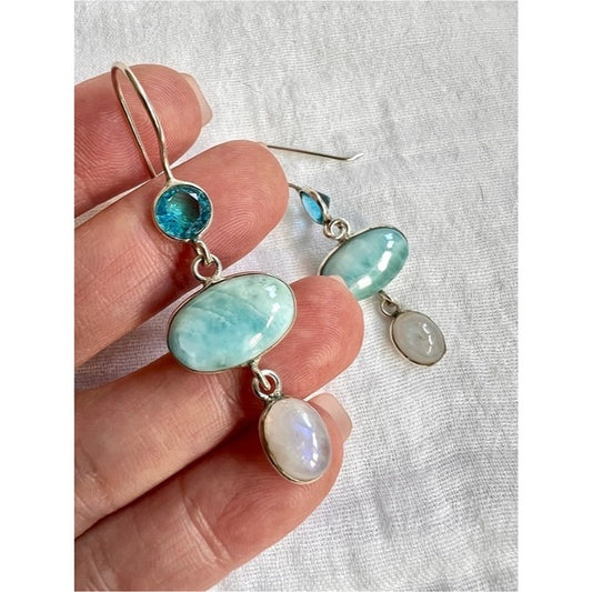 925 Caribbean Larimar + Flash Moonstone + Swiss Topaz Earrings
