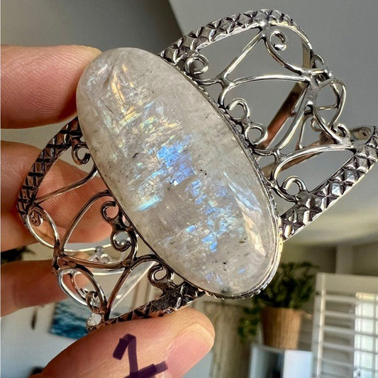 925 Divine Feminine Rainbow Flash Moonstone Cuff Bracelet