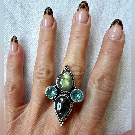 925 WOW WOW! Flash Labradorite + Blue Topaz Ring 7.5