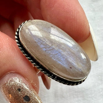 925 Purple Flash PEACH MOONSTONE Ring 6.25