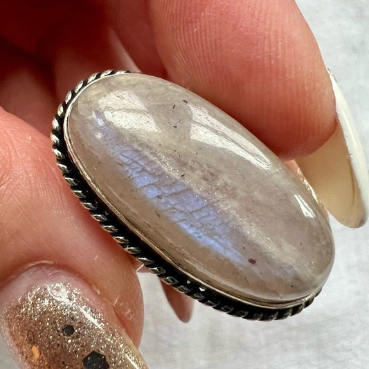 925 Purple Flash PEACH MOONSTONE Ring 6.25