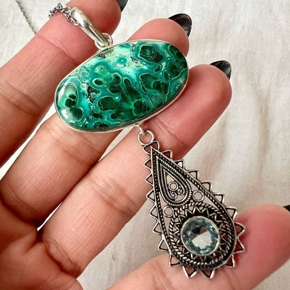 925 STUNNING! Malachite Chrysocolla SWIRL Chandelier Pendant Necklace