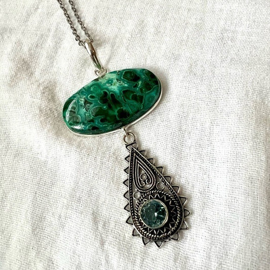 925 STUNNING! Malachite Chrysocolla SWIRL Chandelier Pendant Necklace
