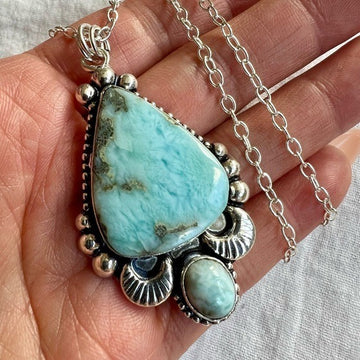 925 OCEAN BLUE Caribbean Larimar MOON Pendant Necklace