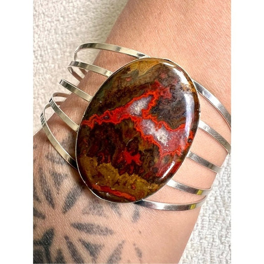 925 Earth Stone Red Jasper + Quartz Cuff Bracelet