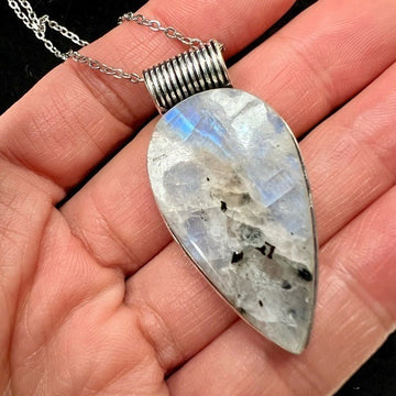 925 WOW! Rainbow Flash Moonstone w/ Black Tourmaline Pendant Necklace