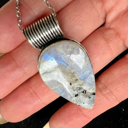 925 WOW! Rainbow Flash Moonstone w/ Black Tourmaline Pendant Necklace