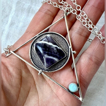 925 Spiritual Amethyst + Larimar Geometric Pendant Necklace