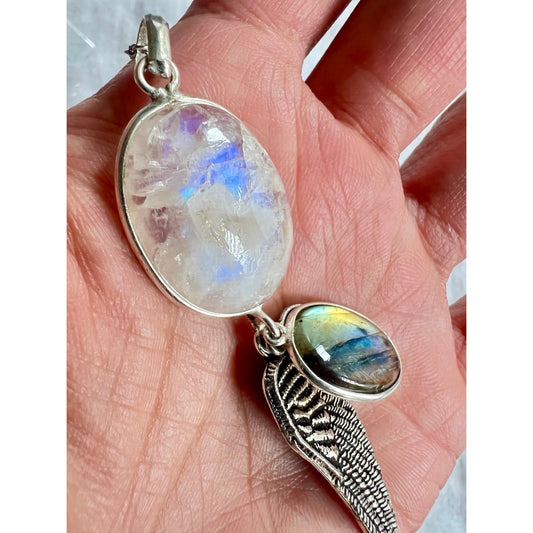 925 Feather Rainbow Flash Moonstone + Flash Labradorite Pendant Necklace