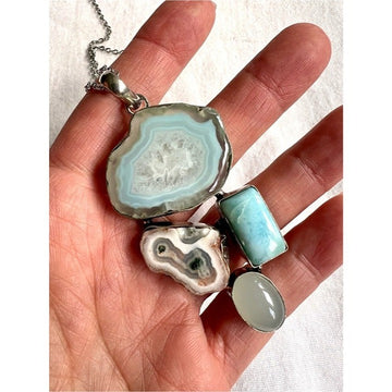 925 WOW! Stunning! Solar Quartz + Larimar Pendant Necklace