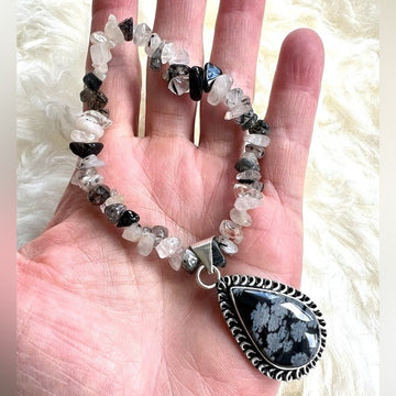 925 Tourmalated Quartz + Snowflake Obsidian Bracelet