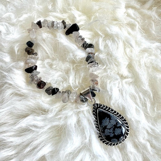 925 Tourmalated Quartz + Snowflake Obsidian Bracelet
