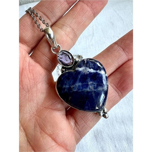 925 Sodalite Sacred Heart + Amethyst Pendant Necklace