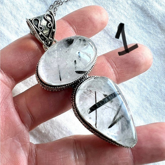 925 Ornamental Black Tourmaline Tourmalated Quartz Pendant Necklace