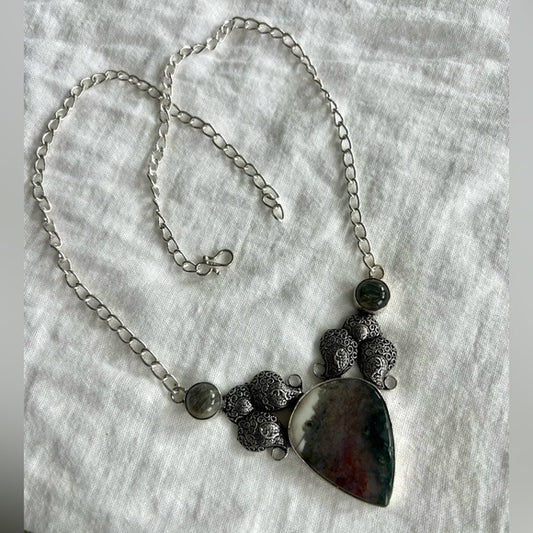 925 MIX Green + Red MOSS AGATE + Flash Labradorite Necklace