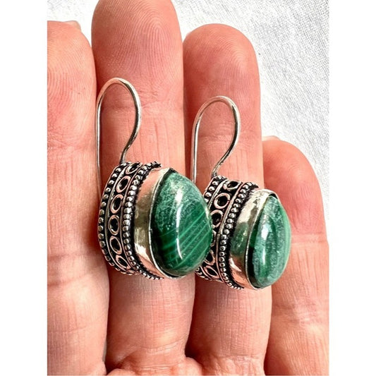 925 Petite Teardrop Ornate MALACHITE Earrings