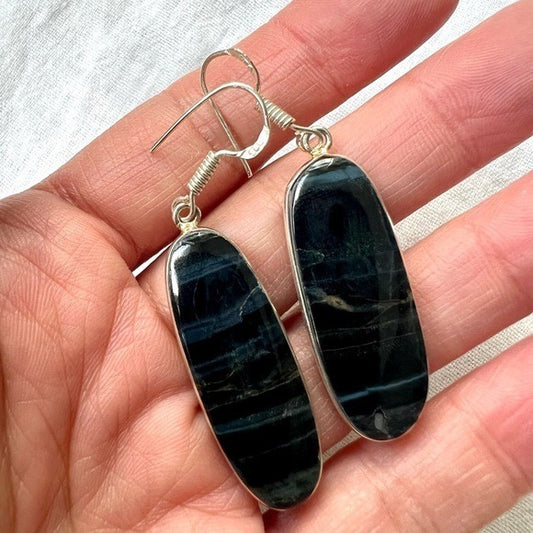 925 Blue Black Tigers Eye Oval Earrings