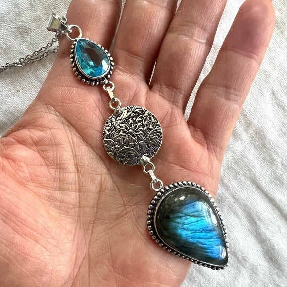 925 OMG GORGEOUS Long Blue Flash Labradorite + Blue Topaz Necklace Pendant