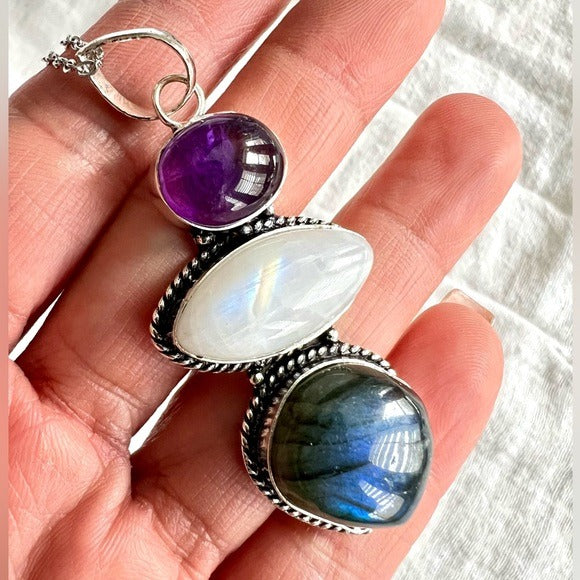 925 Gorgeous! Amethyst + Flash Moonstone + Blue Labradorite! Pendant Necklace