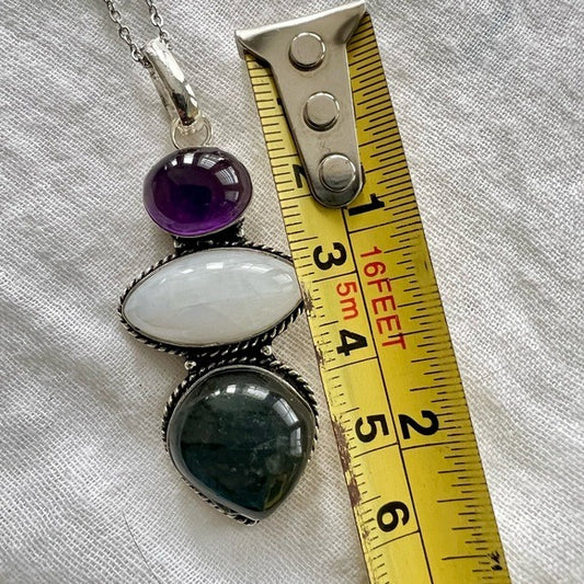 925 Gorgeous! Amethyst + Flash Moonstone + Blue Labradorite! Pendant Necklace