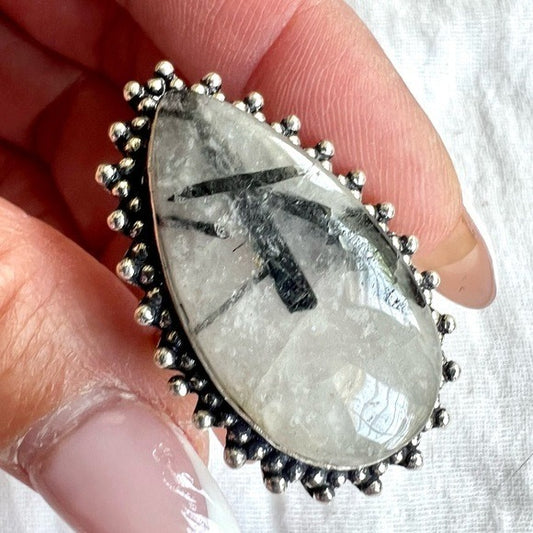 925 Soft Power Tourmalated Quartz Teardrop Ring 8